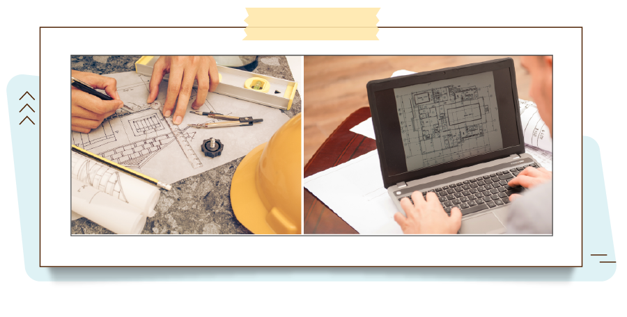 A imagem mostra dois cenários, o uso de arquivos físicos e de arquivos digitais de projetos. Na imagem à esquerda, temos pranchas de um projeto arquitetônico sendo desenvolvidas a mão, representando os arquivos físicos de projetos. Já na imagem à direita, temos um projeto arquitetônico sendo desenvolvido em um computador, representando os arquivos digitais de projetos.